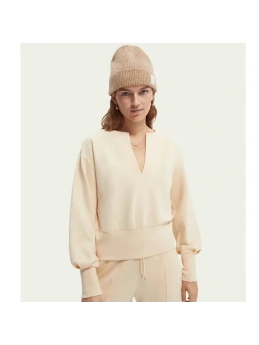Scotch and Soda Women's Deep V-Neck Gathered Sleeve Cream Pullover Size XL